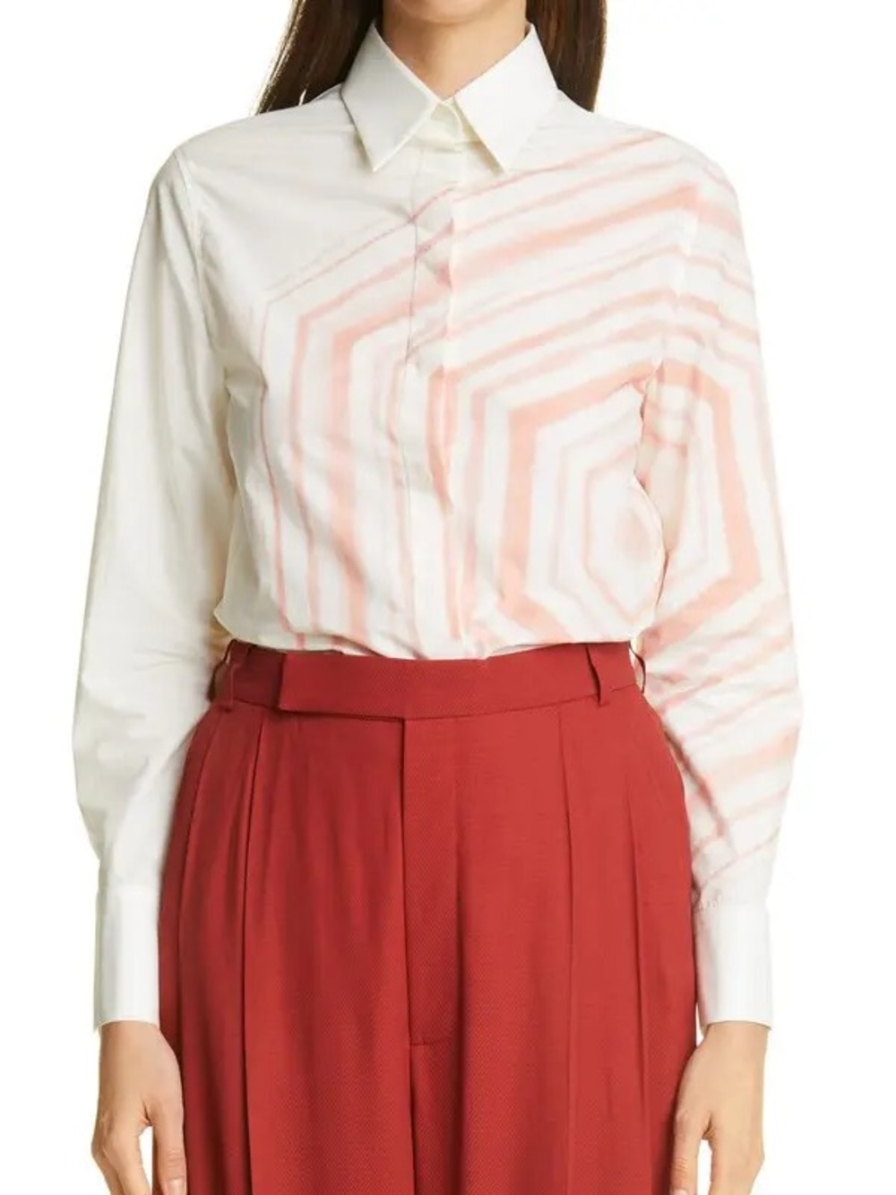 St. John Watercolor Hexagon Ivory Print Blouse Sz 10